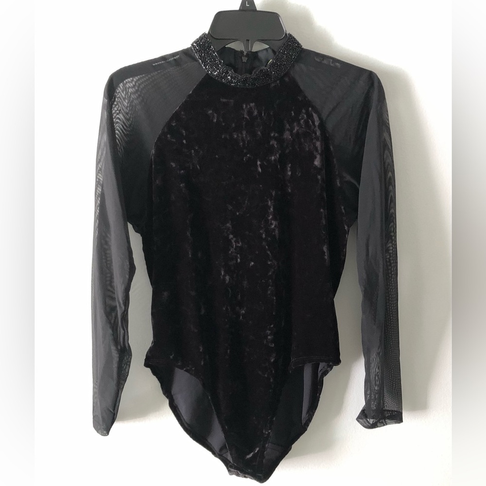 Natori Black Velvet Mesh Long-Sleeve Beaded 90s Vintage Bodysuit